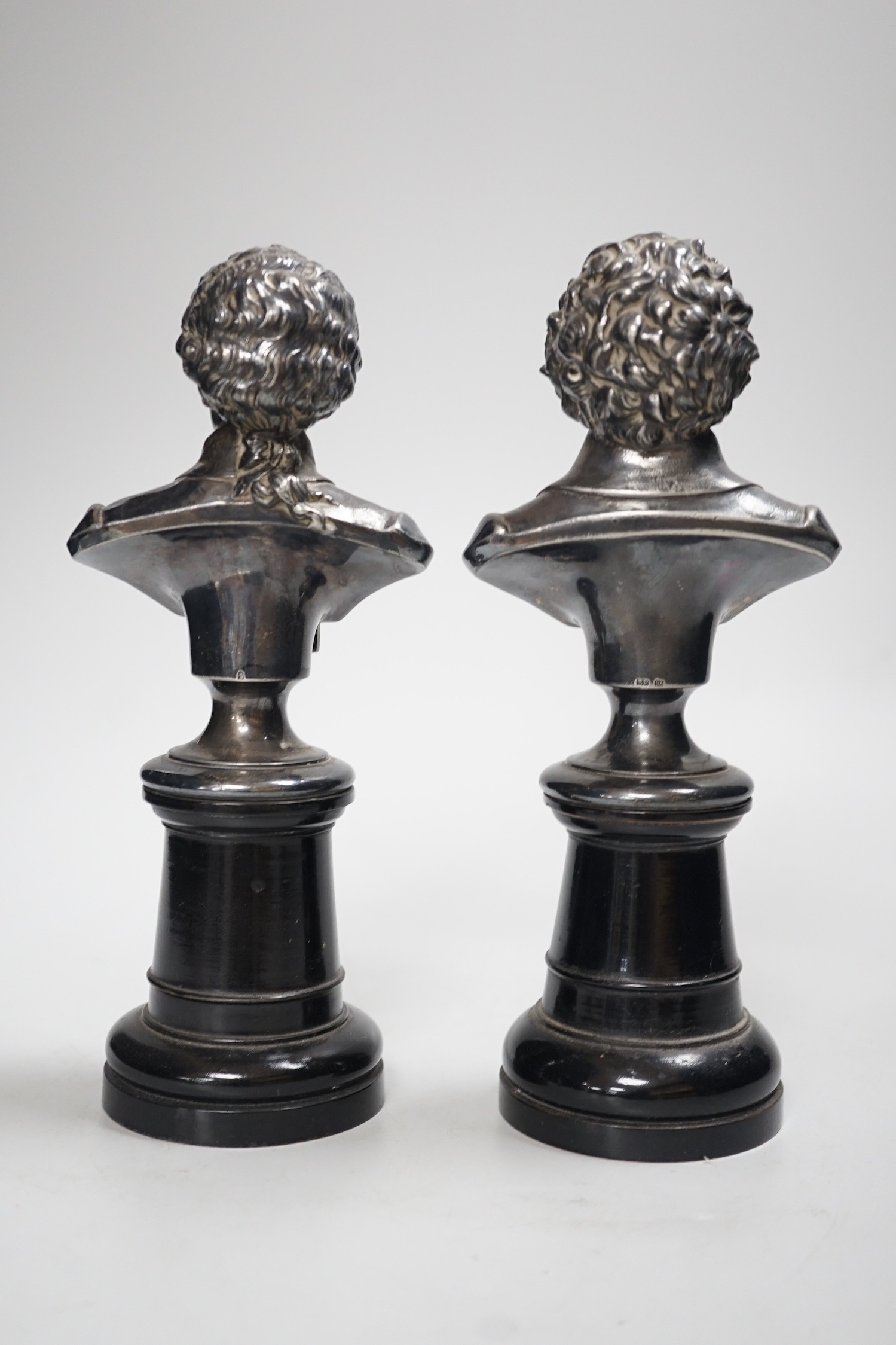 A pair of silver plated busts - Mozart and Beethoven, 23cm